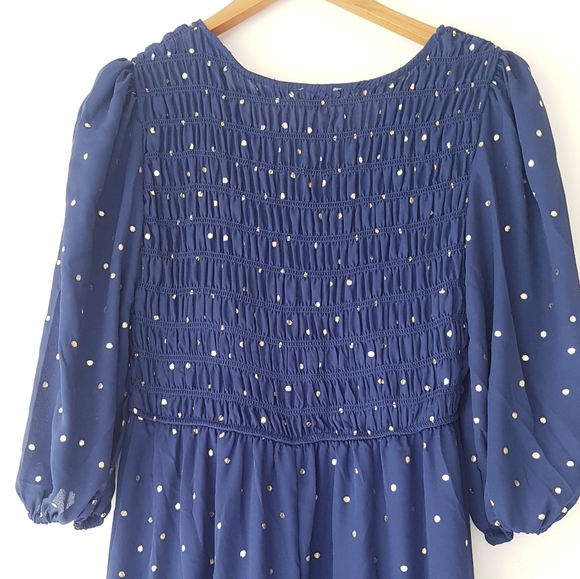 BY THE RIVER Blue & Gold Polkadot V-Neck Tiered Midi Dress - Picture 12 of 13